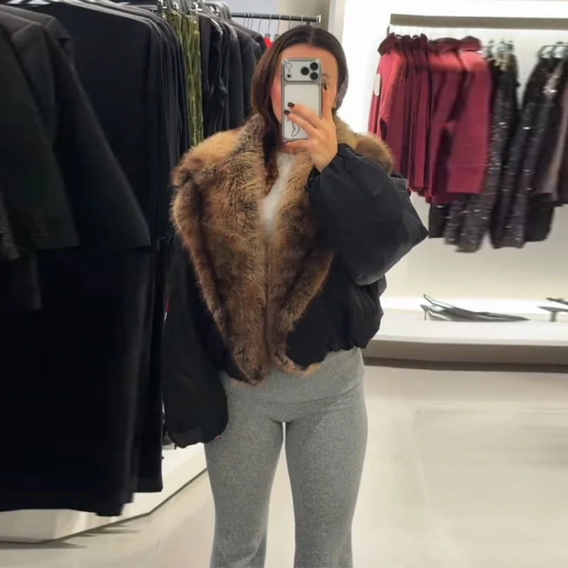 Street Faux Fur Patchwork Cropped Coats Women Loose Lapel Full Sleeve Pockets Warm Jackets 2025 Winter Lady Fashion Outwear