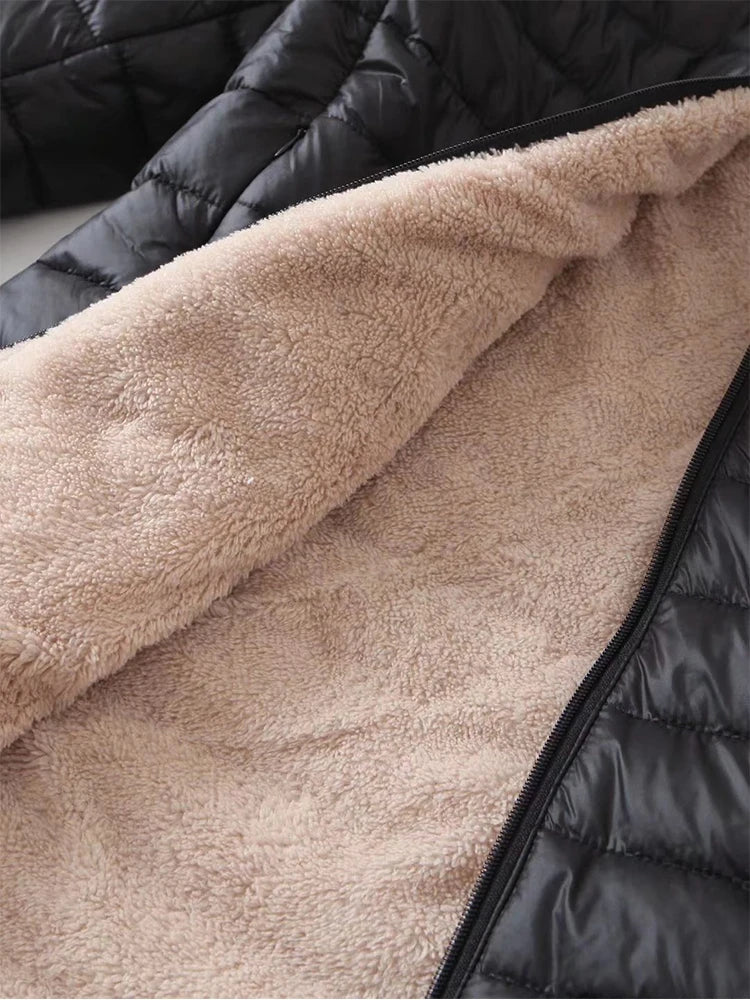 New Mid Length Korean Edition Hooded Fit Women Jackets Autumn Winter Mid-length Office Cotton Coats Warm Lamb Fleece Parkas