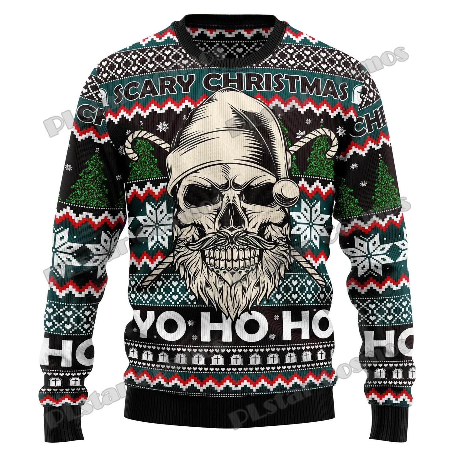 Autumn Winter Unisex Casual Knit Pullover Sweater Skull Pine Tree Christmas 3D Printed Men's Ugly Christmas Sweater KMY15