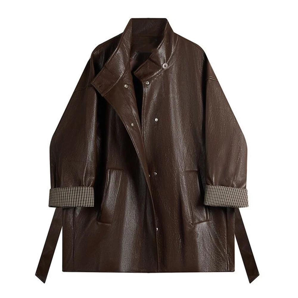 American Maillard coffee color design sense, lace-up and thin leather jacket, huge good-looking autumn wear, Korean coat top