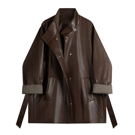 American Maillard coffee color design sense, lace-up and thin leather jacket, huge good-looking autumn wear, Korean coat top