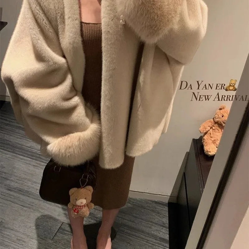 Women Autumn Winter Plush Coats Elegant Solid Color Office Patchwork Cuff Collar Loose-fit Coat V-neck Chic Fashionable Jackets