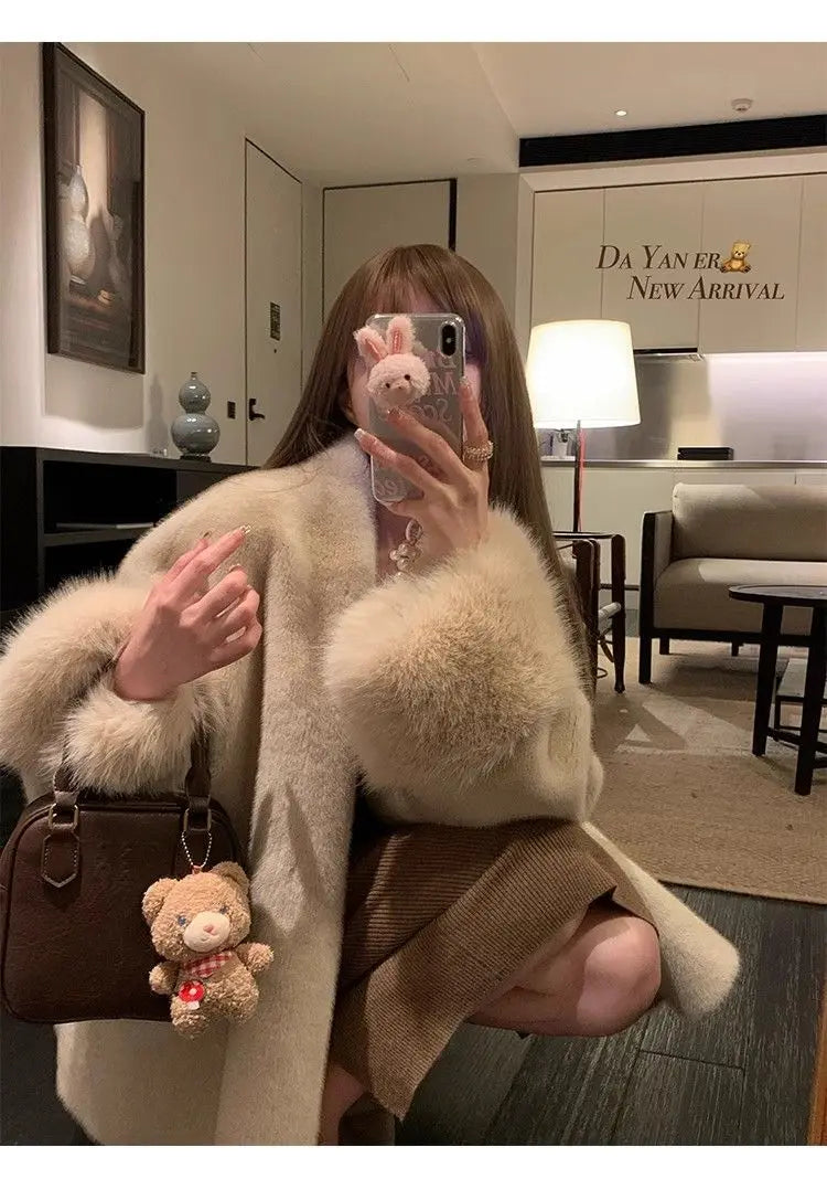 Women Autumn Winter Plush Coats Elegant Solid Color Office Patchwork Cuff Collar Loose-fit Coat V-neck Chic Fashionable Jackets