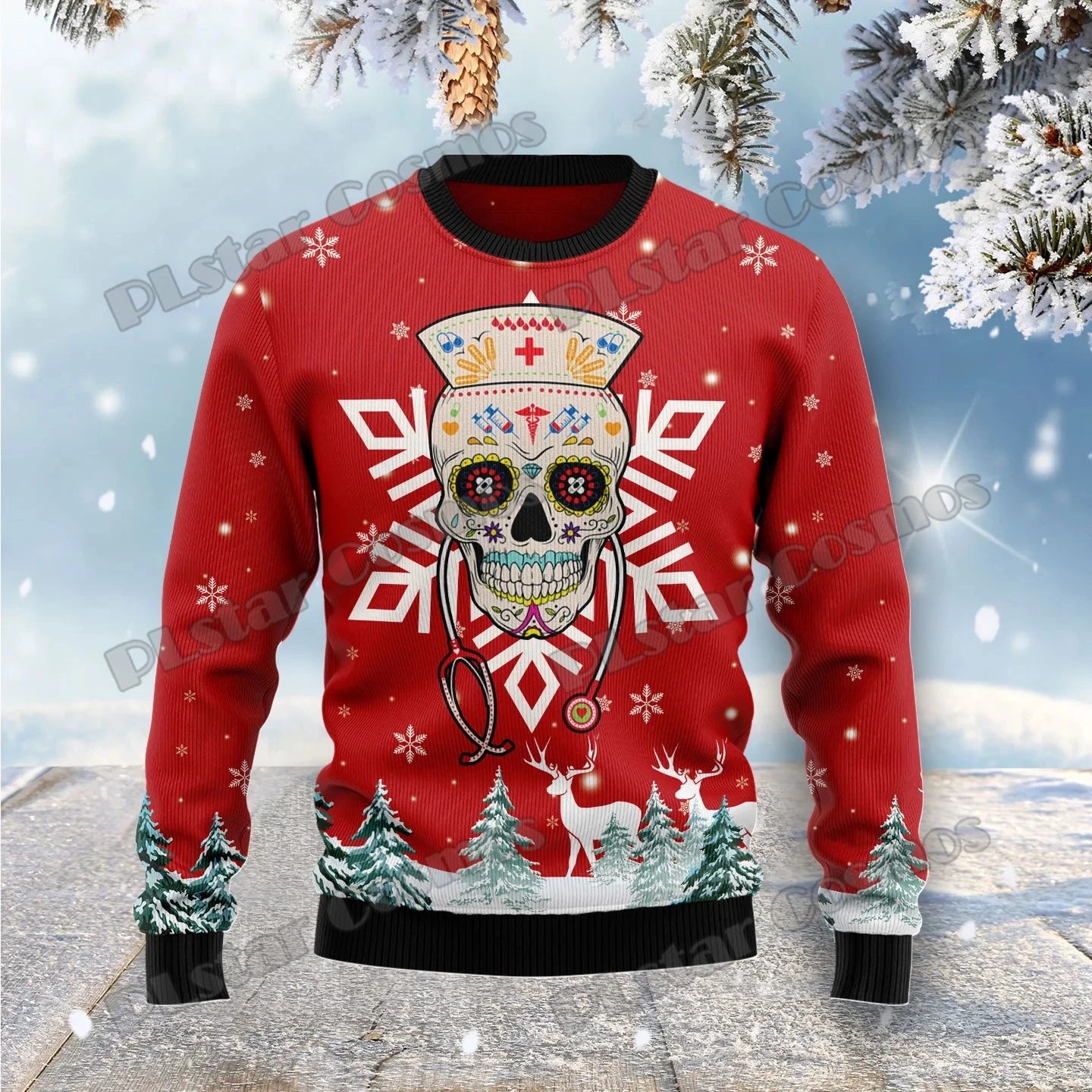 Autumn Winter Unisex Casual Knit Pullover Sweater Skull Pine Tree Christmas 3D Printed Men's Ugly Christmas Sweater KMY15