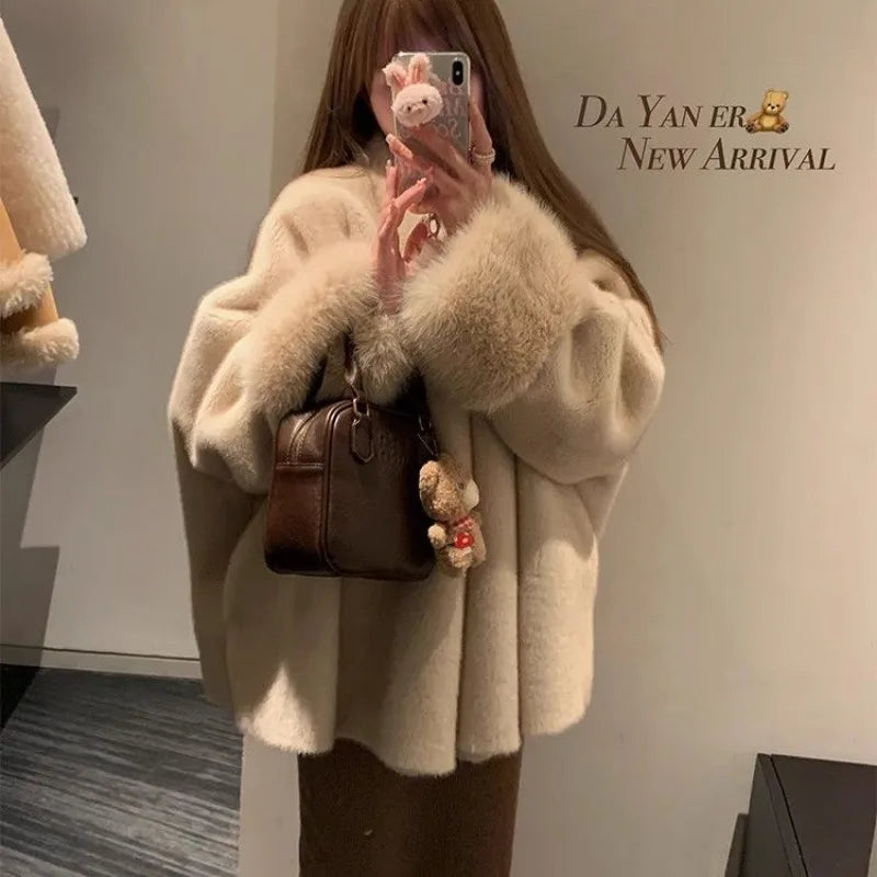 Women Autumn Winter Plush Coats Elegant Solid Color Office Patchwork Cuff Collar Loose-fit Coat V-neck Chic Fashionable Jackets