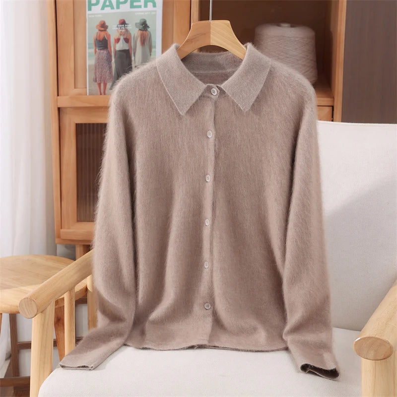 Polo Collar Commute Cardigan Casual Loose Women's Autumn Winter 100% Mink Cashmere Sweater Soft Warm Exquisite Clothing Tops