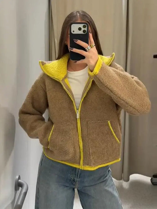 2025 New Winter Cardigans Jackets Fashion Women Loose Contrasting Color Pilot Zipper Coats Casual Streetwear Thicken Outerwear