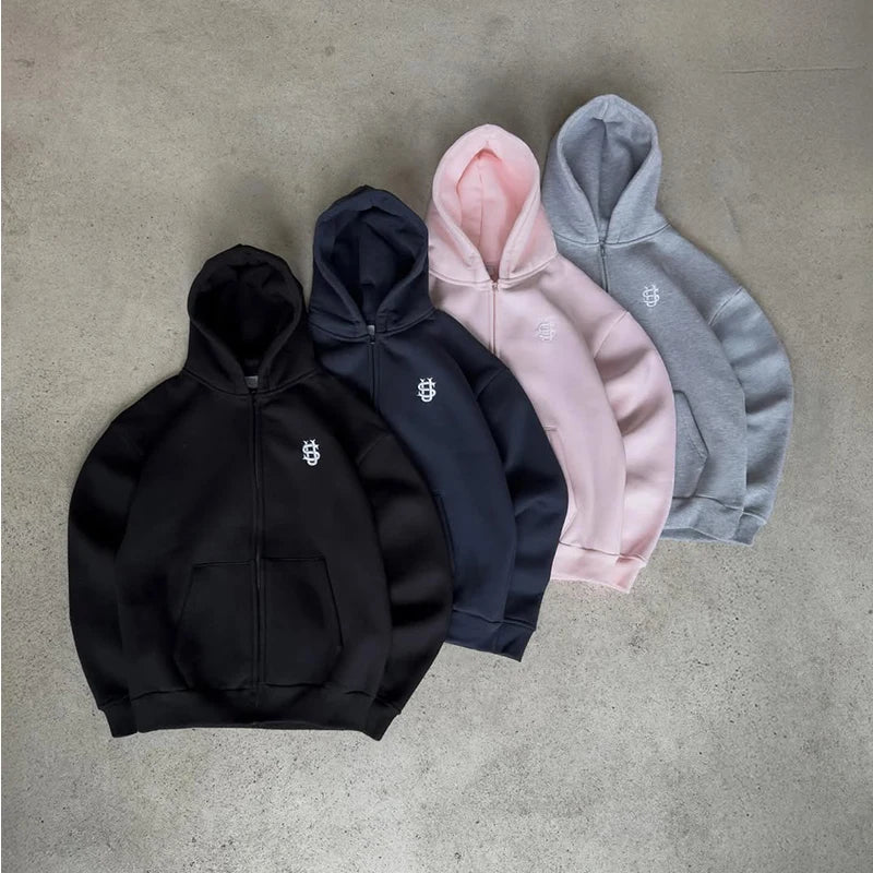 2025 New Men Clothing Tracksuit Hoodie Solid Color Warm Sweater Loose Oversized Sports Suit Pullover Pink Street Fashion