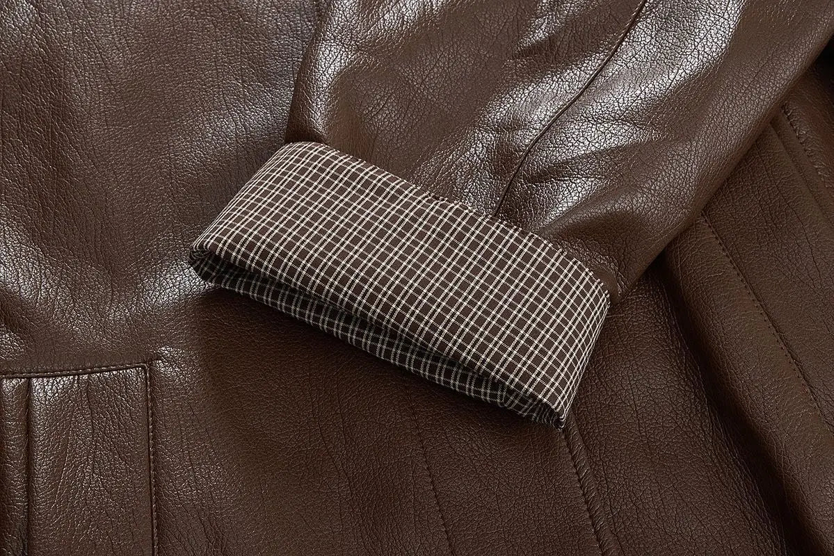 American Maillard coffee color design sense, lace-up and thin leather jacket, huge good-looking autumn wear, Korean coat top