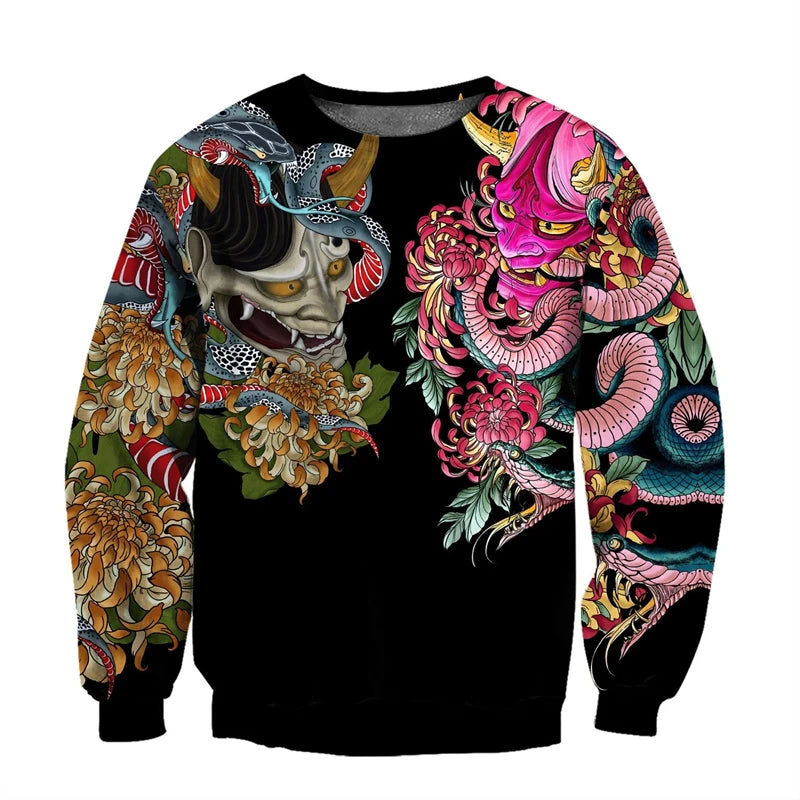 Japanese Mythology Mask Printed Sweatshirt Men's Clothes Harajuku Street Pullover Top 3D Printed Mysterious Culture Sweatshirts