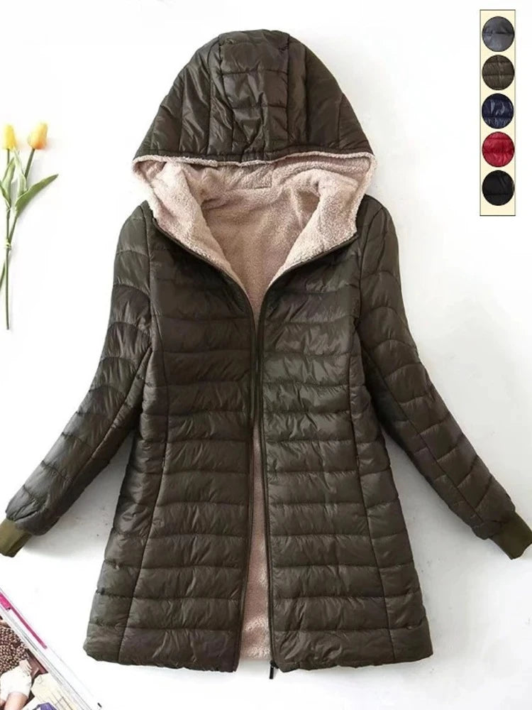 New Mid Length Korean Edition Hooded Fit Women Jackets Autumn Winter Mid-length Office Cotton Coats Warm Lamb Fleece Parkas