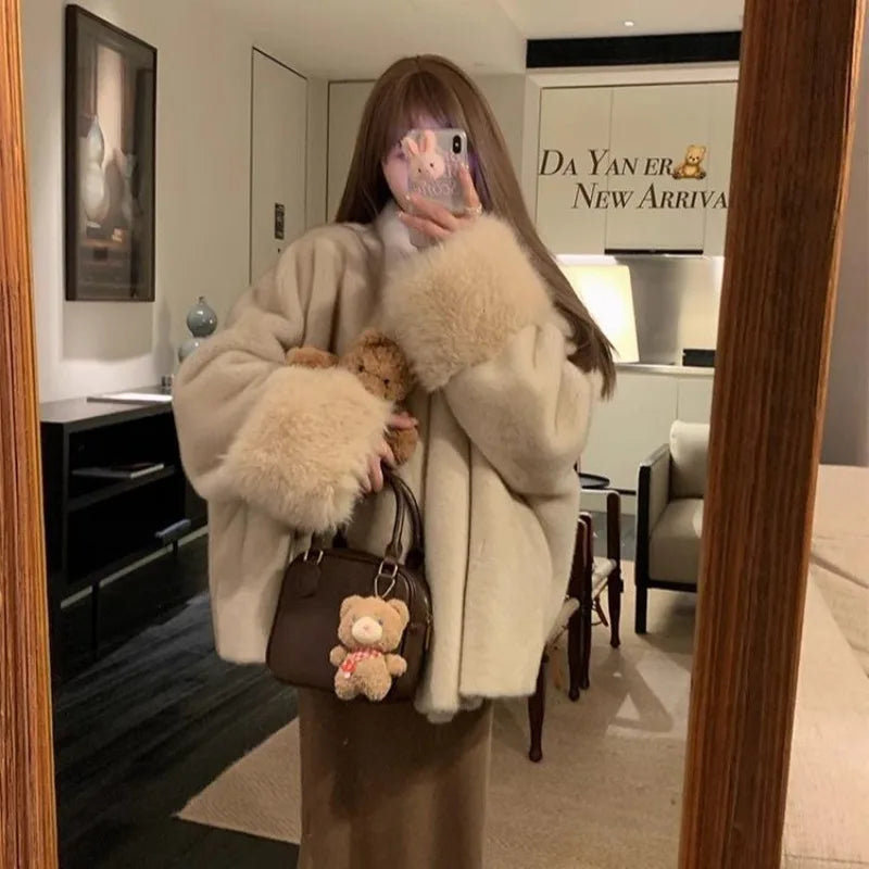 Women Autumn Winter Plush Coats Elegant Solid Color Office Patchwork Cuff Collar Loose-fit Coat V-neck Chic Fashionable Jackets