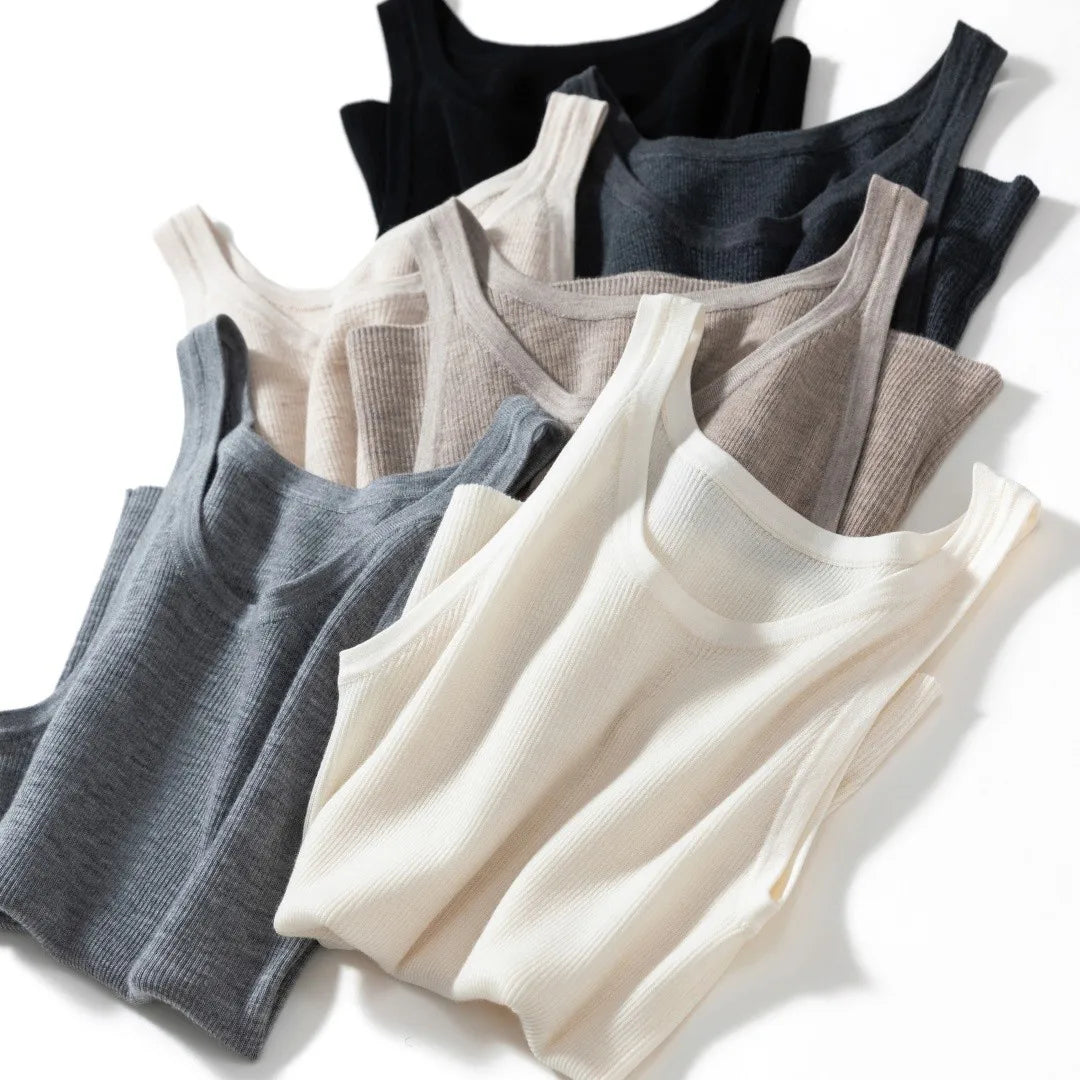 Fine-Spun 100% Superfine Merino Wool Round-Neck Knitted Camisole for Women, Thin, Slim-Fitting, Sleeveless Base Layer Top