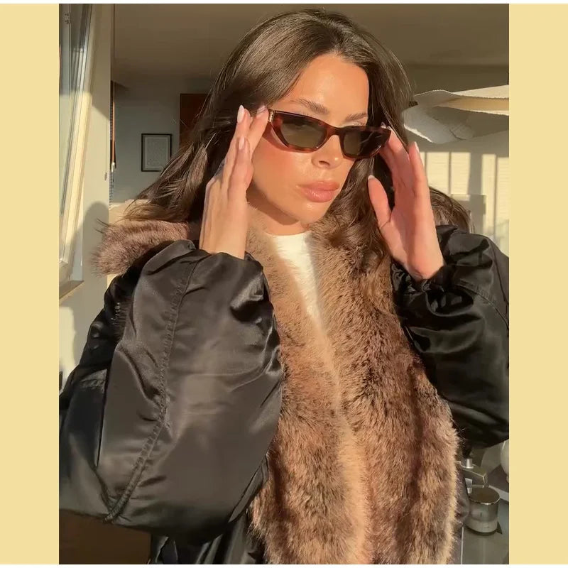 Street Faux Fur Patchwork Cropped Coats Women Loose Lapel Full Sleeve Pockets Warm Jackets 2025 Winter Lady Fashion Outwear