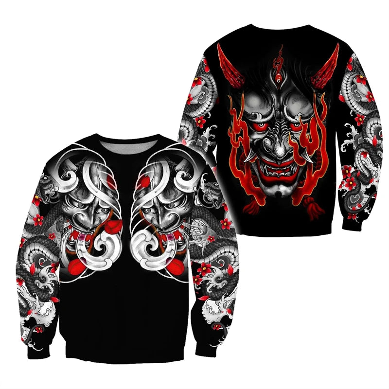 Japanese Mythology Mask Printed Sweatshirt Men's Clothes Harajuku Street Pullover Top 3D Printed Mysterious Culture Sweatshirts