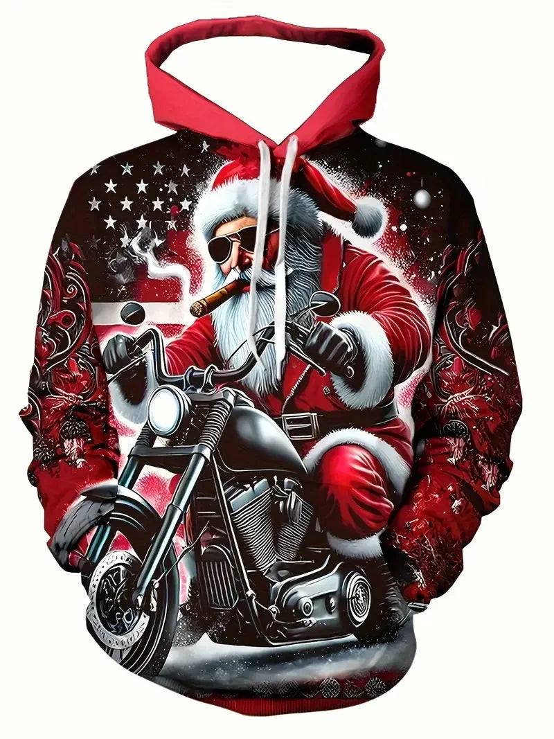 Men'S Santa Claus Motorcycle Hoodie Full Print Christmas Pullover Sweatshirt With Santa Riding Motorcycle Men's Sweatshirt
