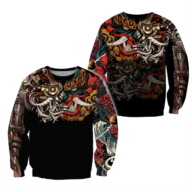 Japanese Mythology Mask Printed Sweatshirt Men's Clothes Harajuku Street Pullover Top 3D Printed Mysterious Culture Sweatshirts