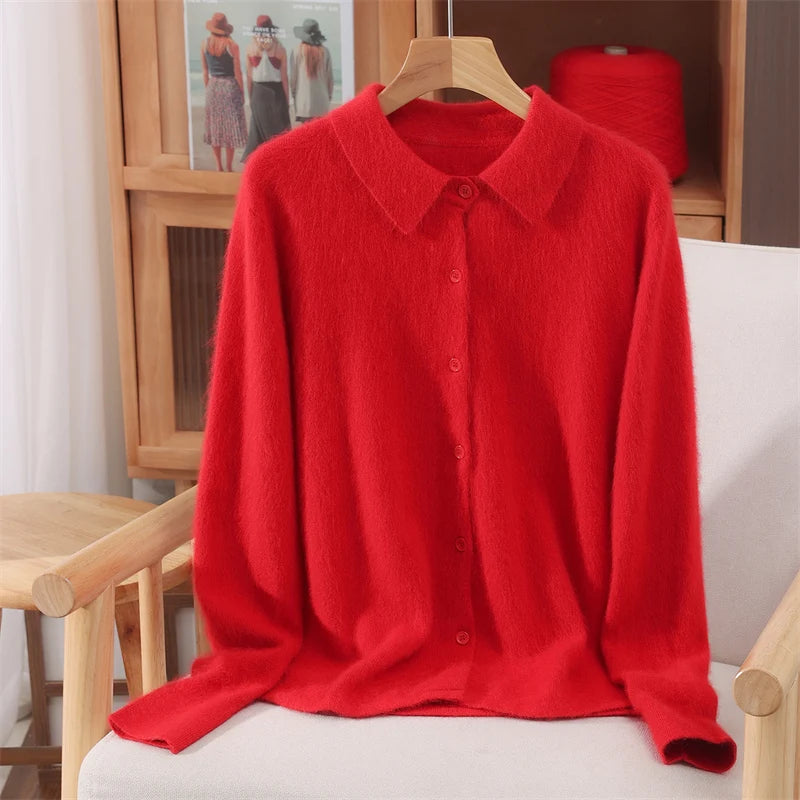 Polo Collar Commute Cardigan Casual Loose Women's Autumn Winter 100% Mink Cashmere Sweater Soft Warm Exquisite Clothing Tops