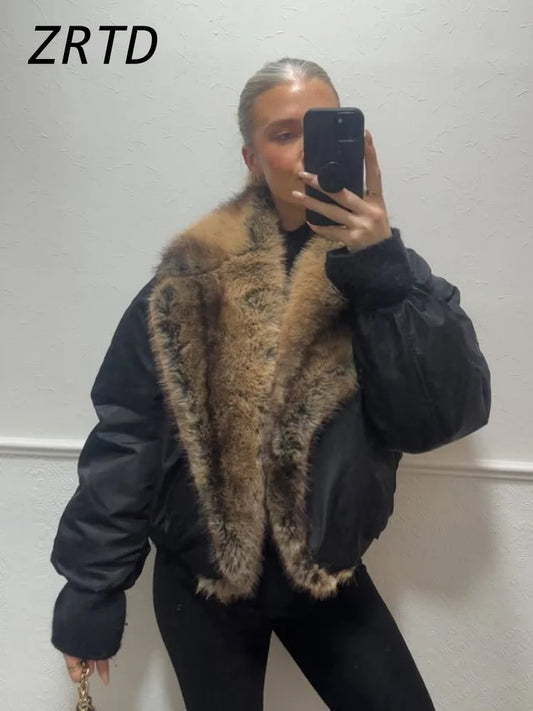 Street Faux Fur Patchwork Cropped Coats Women Loose Lapel Full Sleeve Pockets Warm Jackets 2025 Winter Lady Fashion Outwear