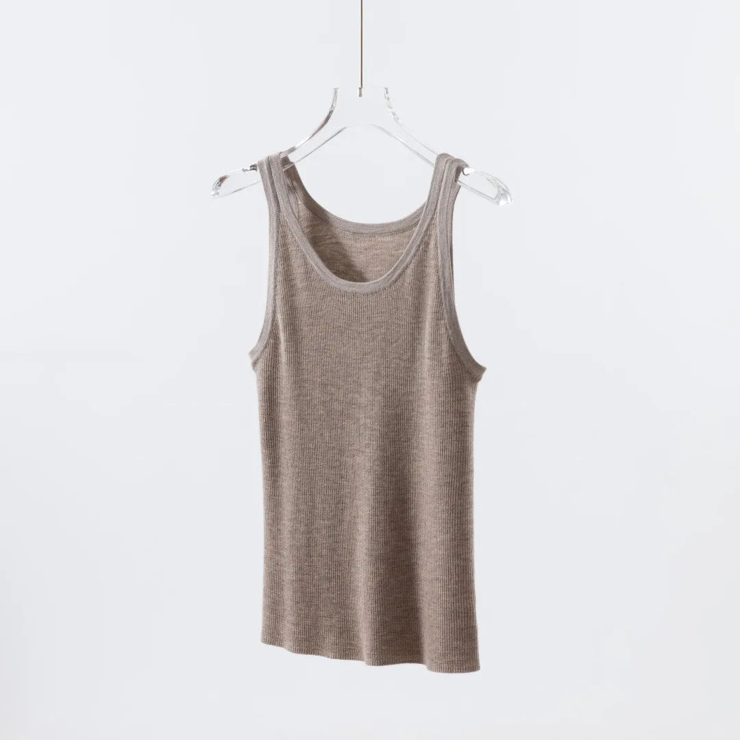 Fine-Spun 100% Superfine Merino Wool Round-Neck Knitted Camisole for Women, Thin, Slim-Fitting, Sleeveless Base Layer Top
