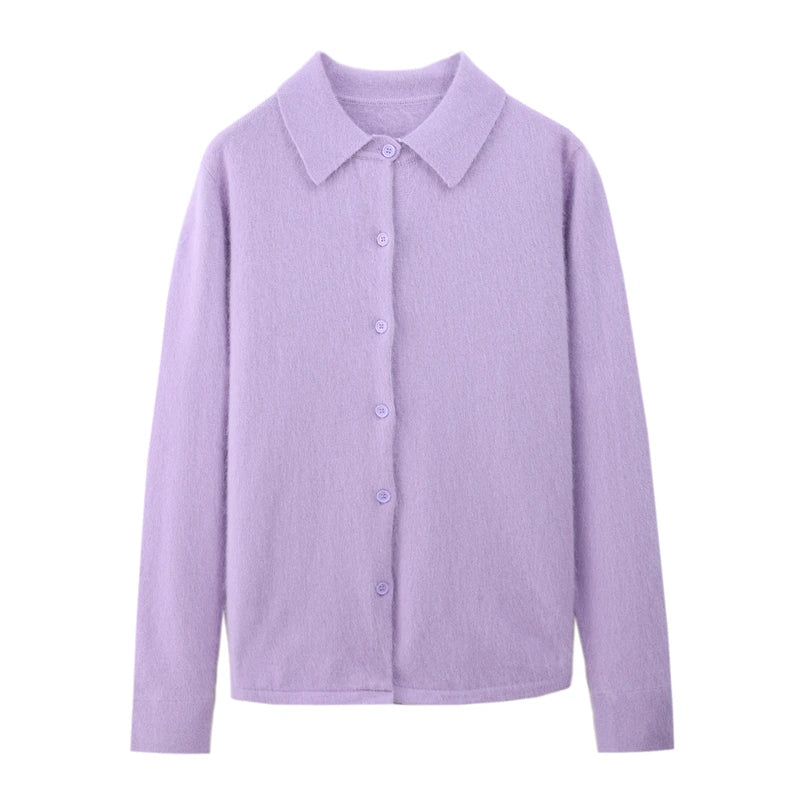 Polo Collar Commute Cardigan Casual Loose Women's Autumn Winter 100% Mink Cashmere Sweater Soft Warm Exquisite Clothing Tops