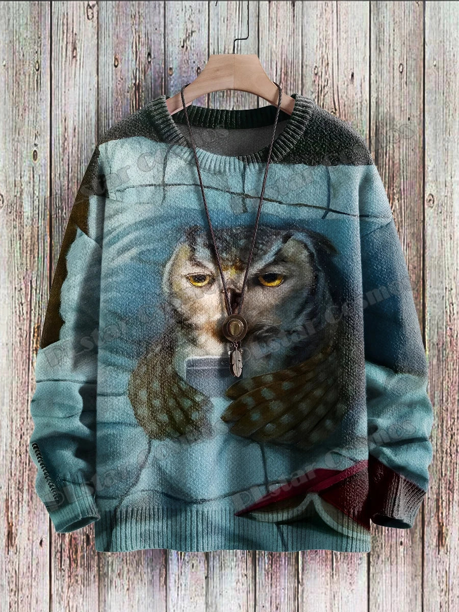 PLstar Cosmos Retro Owl & flowers Pattern 3D Printed Men's Knitted Pullover Winter Unisex Casual Knit Pullover Sweater ZZM116