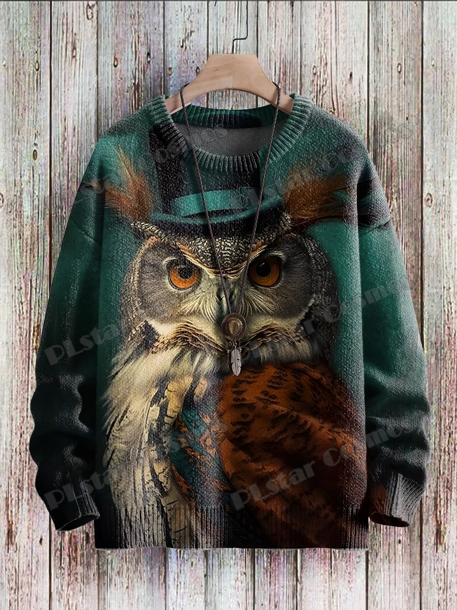 PLstar Cosmos Retro Owl & flowers Pattern 3D Printed Men's Knitted Pullover Winter Unisex Casual Knit Pullover Sweater ZZM116
