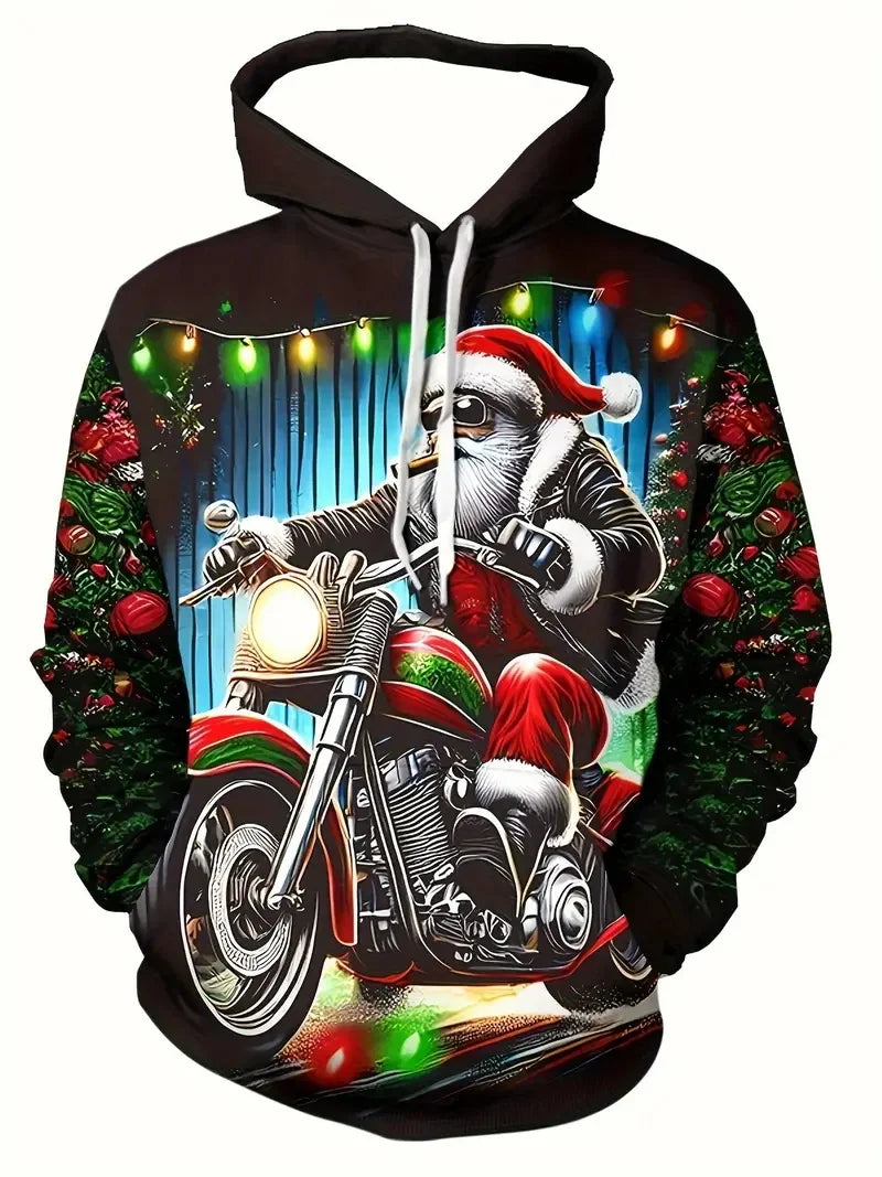 Men'S Santa Claus Motorcycle Hoodie Full Print Christmas Pullover Sweatshirt With Santa Riding Motorcycle Men's Sweatshirt
