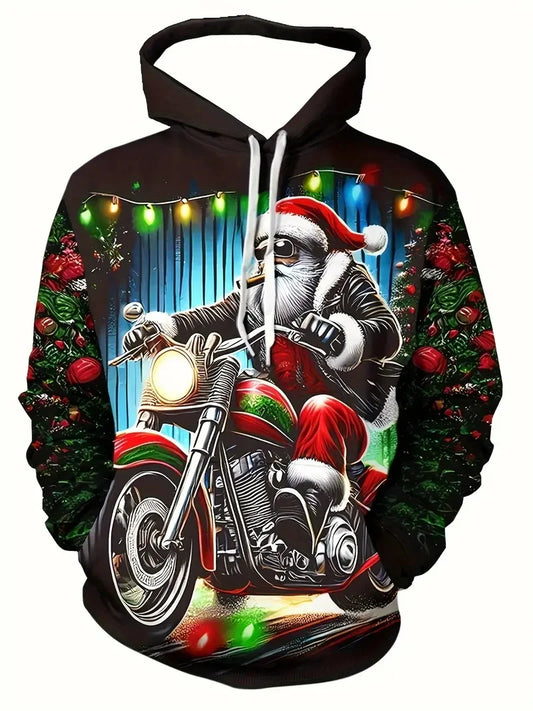 Men'S Santa Claus Motorcycle Hoodie Full Print Christmas Pullover Sweatshirt With Santa Riding Motorcycle Men's Sweatshirt