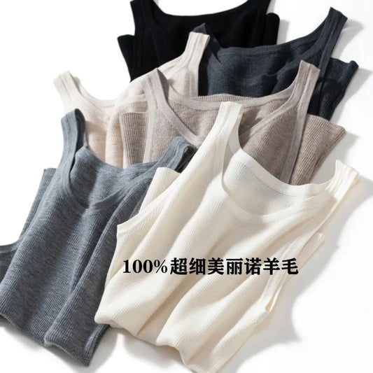 Fine-Spun 100% Superfine Merino Wool Round-Neck Knitted Camisole for Women, Thin, Slim-Fitting, Sleeveless Base Layer Top