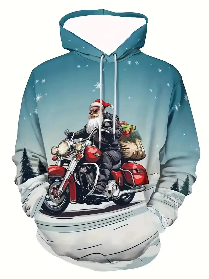 Men'S Santa Claus Motorcycle Hoodie Full Print Christmas Pullover Sweatshirt With Santa Riding Motorcycle Men's Sweatshirt