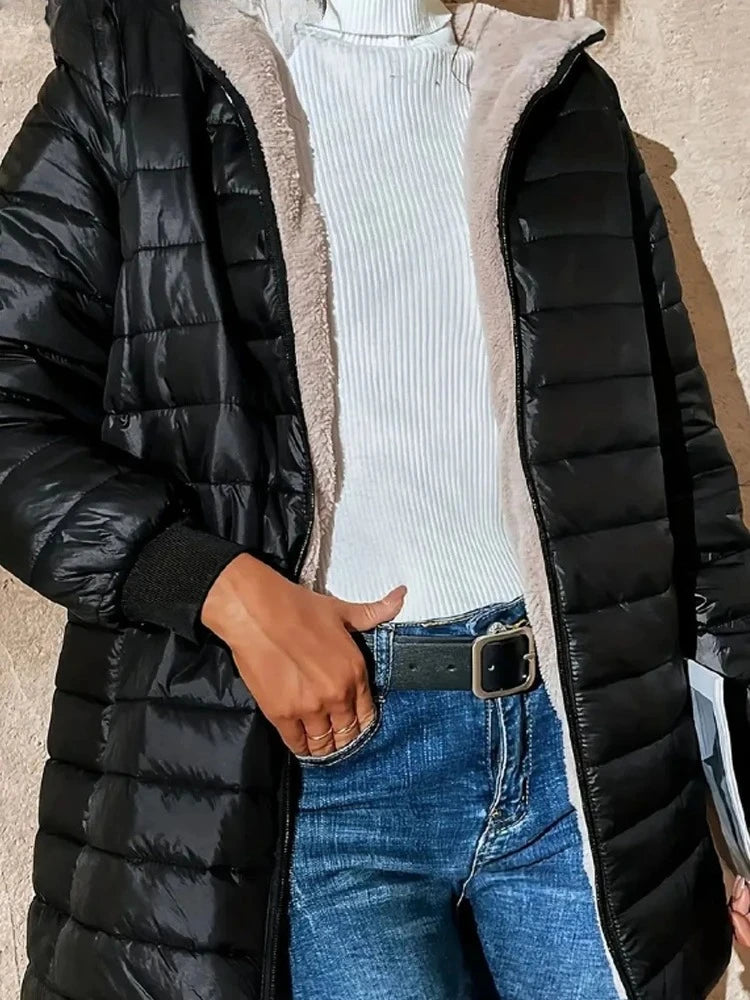 New Mid Length Korean Edition Hooded Fit Women Jackets Autumn Winter Mid-length Office Cotton Coats Warm Lamb Fleece Parkas