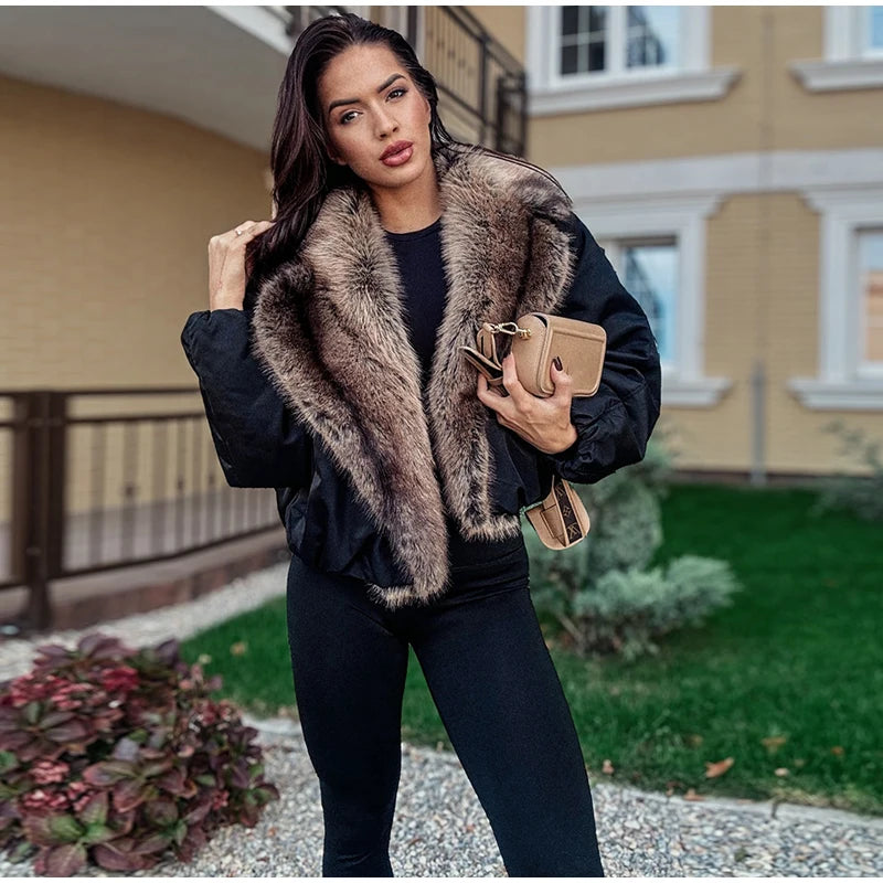 Street Faux Fur Patchwork Cropped Coats Women Loose Lapel Full Sleeve Pockets Warm Jackets 2025 Winter Lady Fashion Outwear