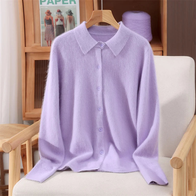 Polo Collar Commute Cardigan Casual Loose Women's Autumn Winter 100% Mink Cashmere Sweater Soft Warm Exquisite Clothing Tops