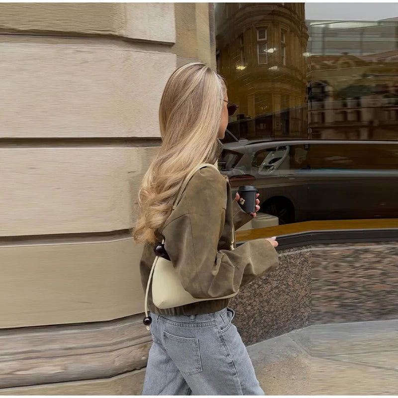 2026 Spring New Long Sleeve Bomber Jackets For Women Elegant Solid Stand Collar Short Coats High Street Chic Lady Outerwear