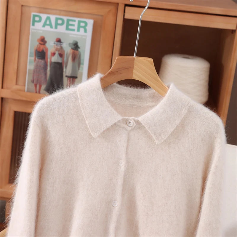 Polo Collar Commute Cardigan Casual Loose Women's Autumn Winter 100% Mink Cashmere Sweater Soft Warm Exquisite Clothing Tops