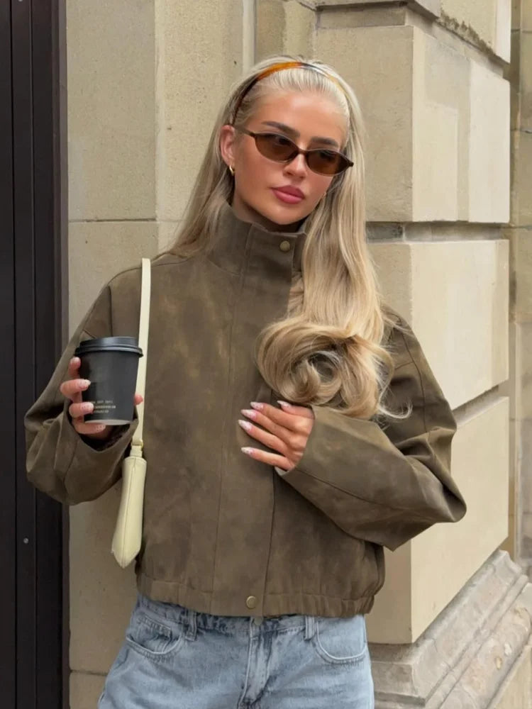 2026 Spring New Long Sleeve Bomber Jackets For Women Elegant Solid Stand Collar Short Coats High Street Chic Lady Outerwear