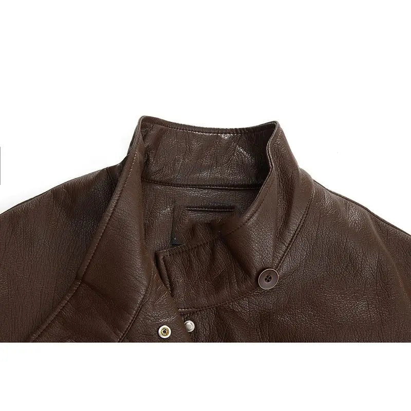 American Maillard coffee color design sense, lace-up and thin leather jacket, huge good-looking autumn wear, Korean coat top