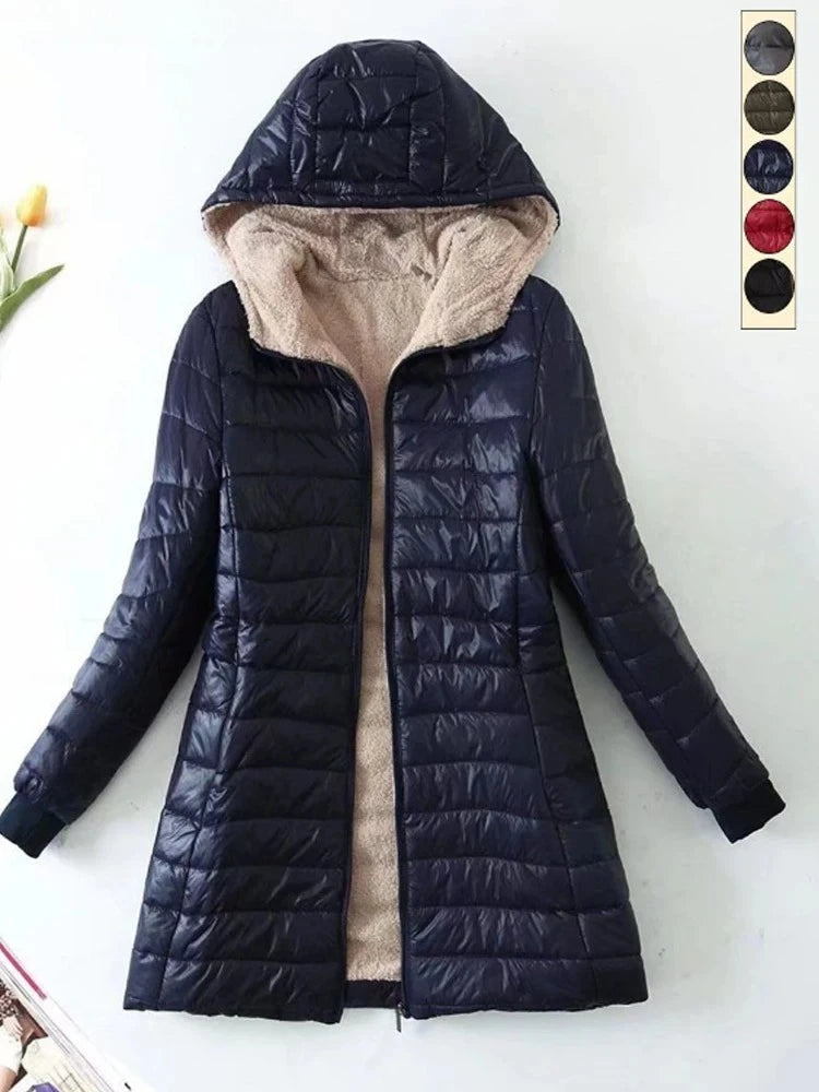 New Mid Length Korean Edition Hooded Fit Women Jackets Autumn Winter Mid-length Office Cotton Coats Warm Lamb Fleece Parkas