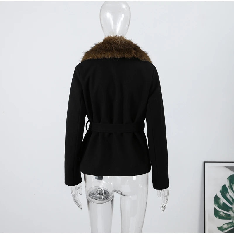 Street Faux Fur Patchwork Cropped Coats Women Loose Lapel Full Sleeve Pockets Warm Jackets 2025 Winter Lady Fashion Outwear