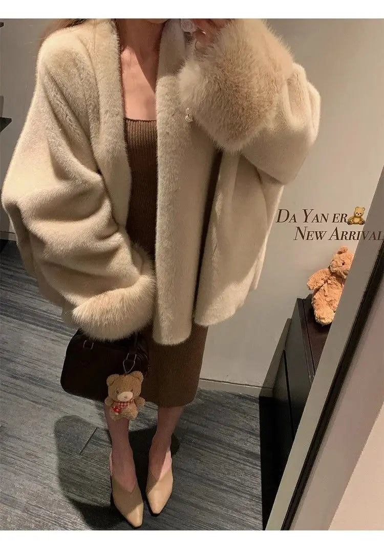 Women Autumn Winter Plush Coats Elegant Solid Color Office Patchwork Cuff Collar Loose-fit Coat V-neck Chic Fashionable Jackets