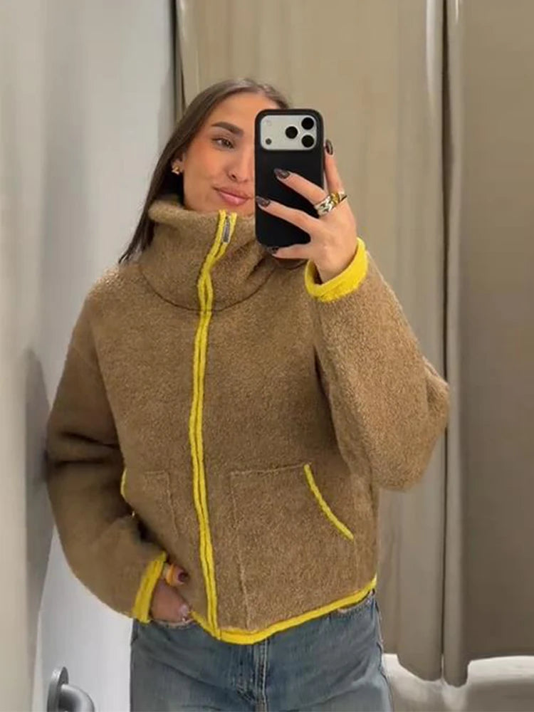 2025 New Winter Cardigans Jackets Fashion Women Loose Contrasting Color Pilot Zipper Coats Casual Streetwear Thicken Outerwear