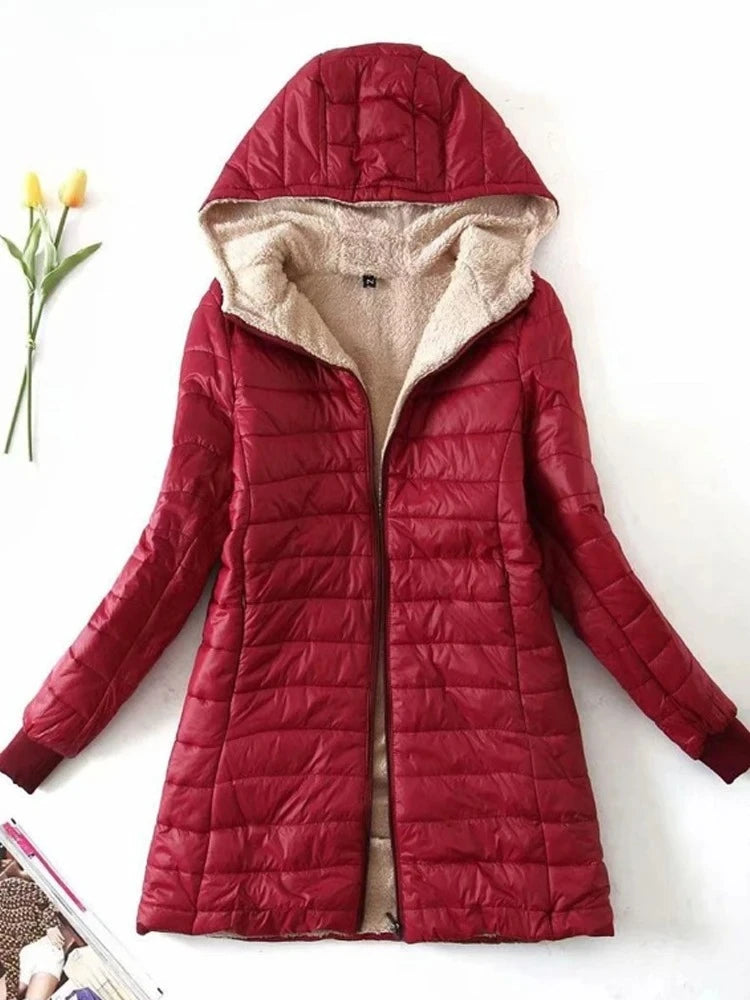 New Mid Length Korean Edition Hooded Fit Women Jackets Autumn Winter Mid-length Office Cotton Coats Warm Lamb Fleece Parkas