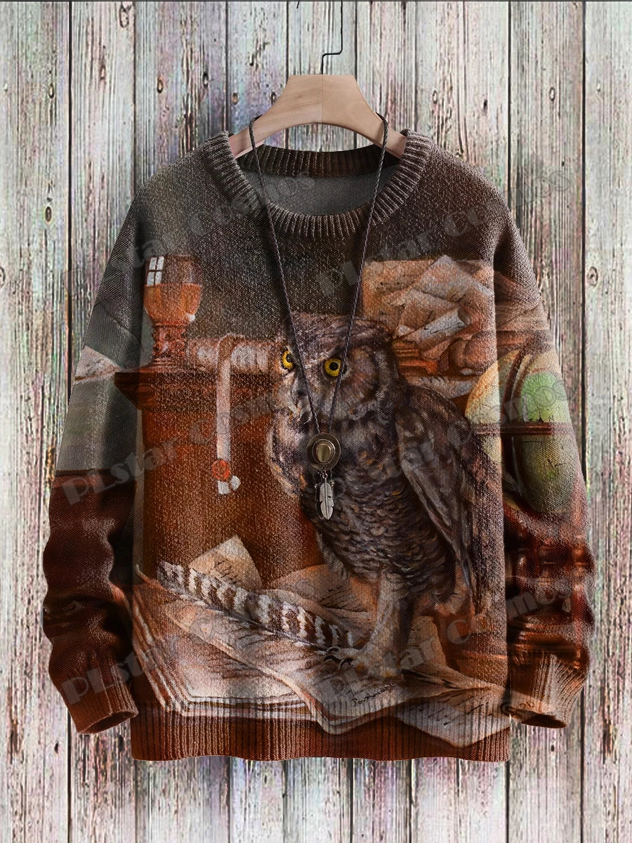 PLstar Cosmos Retro Owl & flowers Pattern 3D Printed Men's Knitted Pullover Winter Unisex Casual Knit Pullover Sweater ZZM116