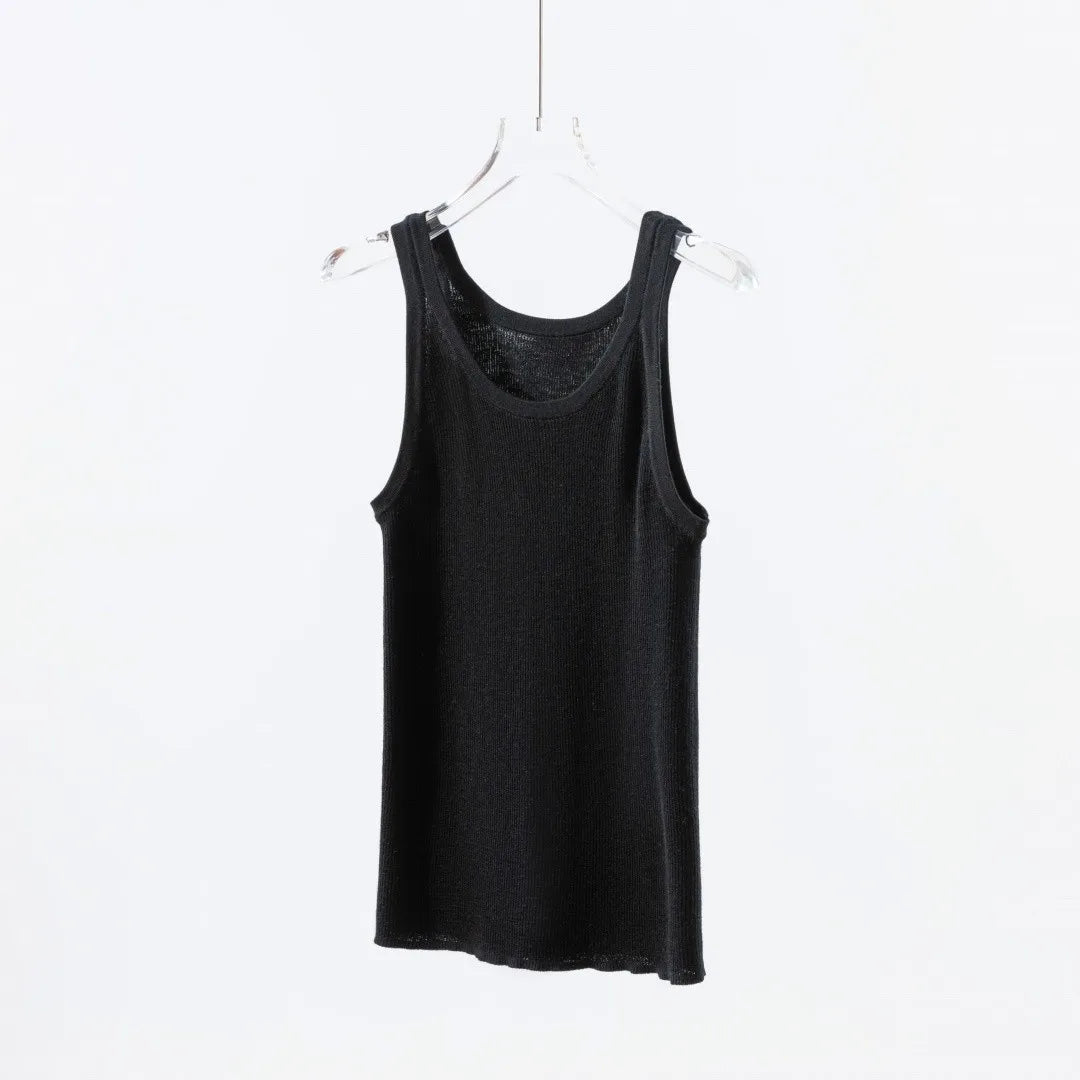 Fine-Spun 100% Superfine Merino Wool Round-Neck Knitted Camisole for Women, Thin, Slim-Fitting, Sleeveless Base Layer Top
