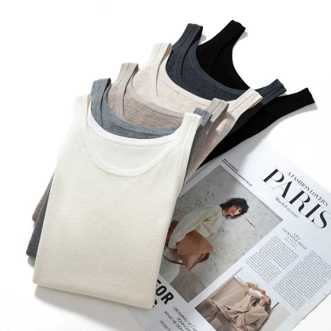 Fine-Spun 100% Superfine Merino Wool Round-Neck Knitted Camisole for Women, Thin, Slim-Fitting, Sleeveless Base Layer Top
