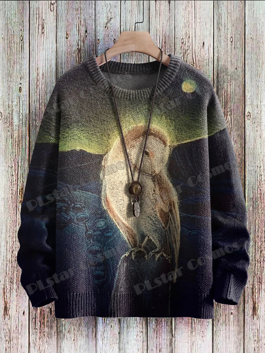 PLstar Cosmos Retro Owl & flowers Pattern 3D Printed Men's Knitted Pullover Winter Unisex Casual Knit Pullover Sweater ZZM116