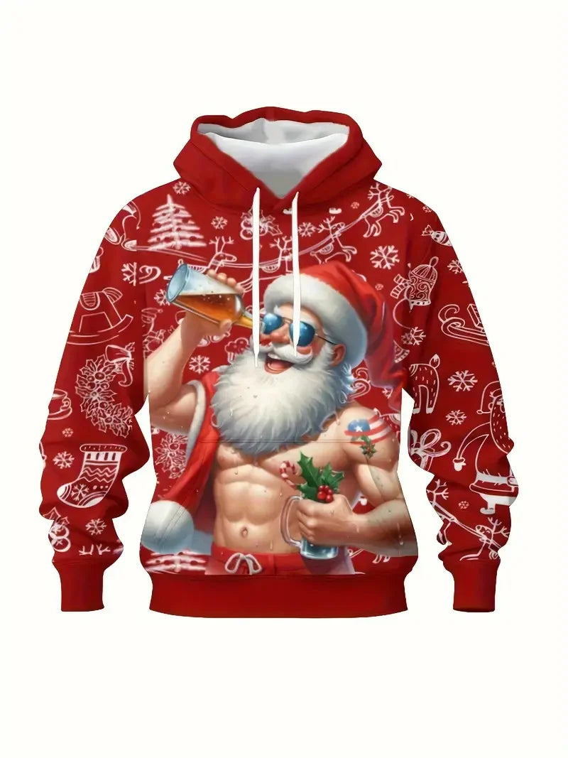 Men'S Santa Claus Motorcycle Hoodie Full Print Christmas Pullover Sweatshirt With Santa Riding Motorcycle Men's Sweatshirt