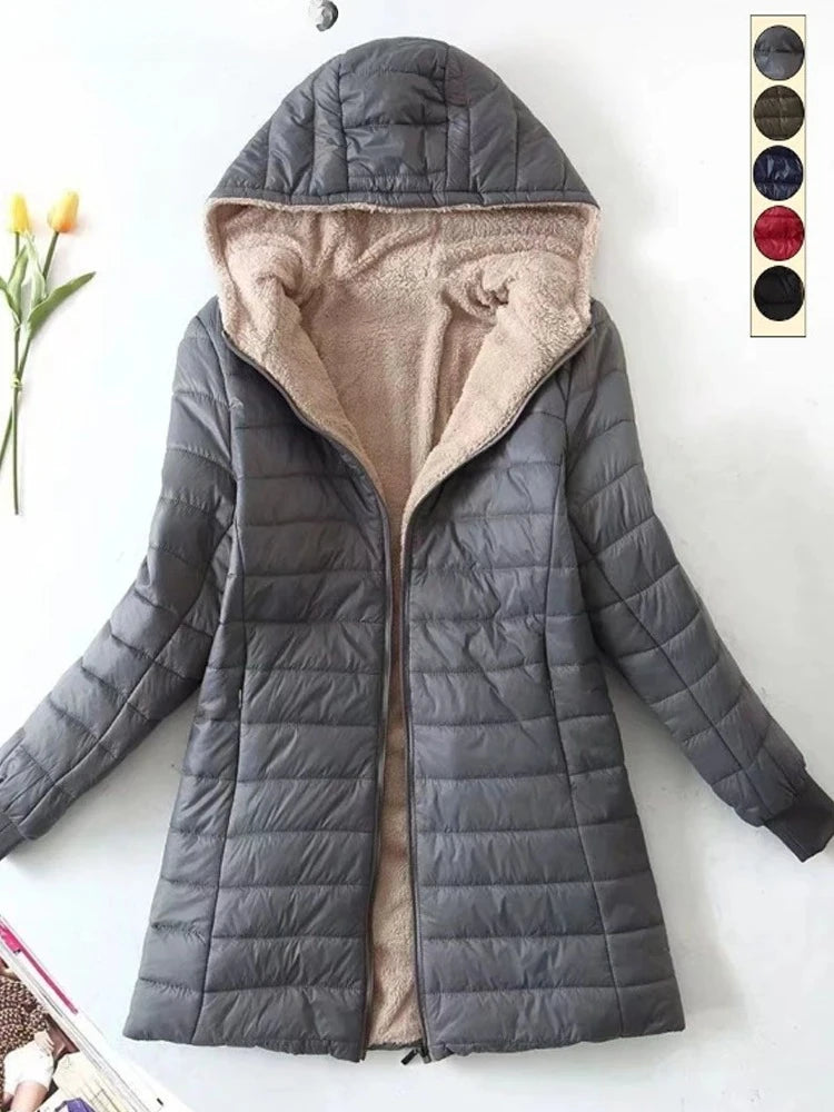 New Mid Length Korean Edition Hooded Fit Women Jackets Autumn Winter Mid-length Office Cotton Coats Warm Lamb Fleece Parkas