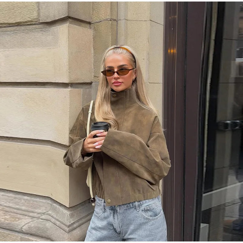 2026 Spring New Long Sleeve Bomber Jackets For Women Elegant Solid Stand Collar Short Coats High Street Chic Lady Outerwear